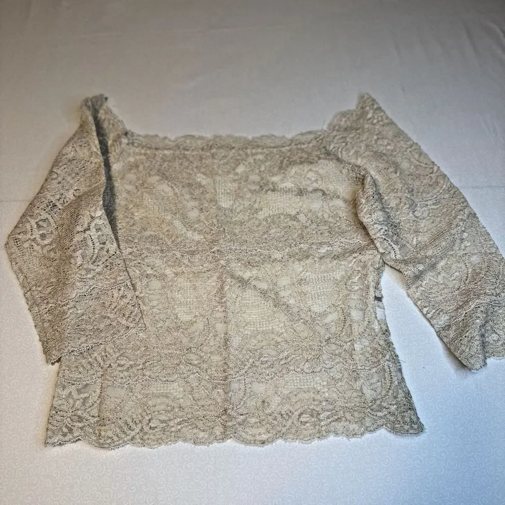 Vintage Kay Celine Lace Top 3/4 Sleeve Front Lined Sheer Back Ivory Sz M 90's - Picture 2 of 12